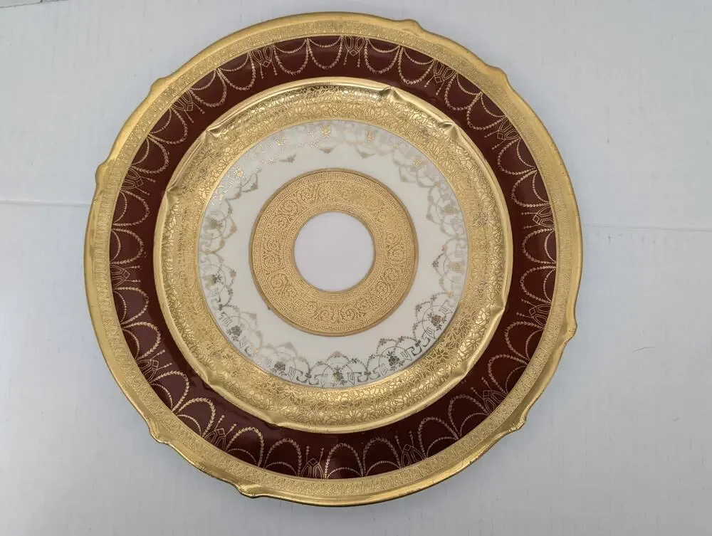 Rare Limoges Maroon 22kt Gold Encrusted Swags And Royal Garlands Dinner Plate